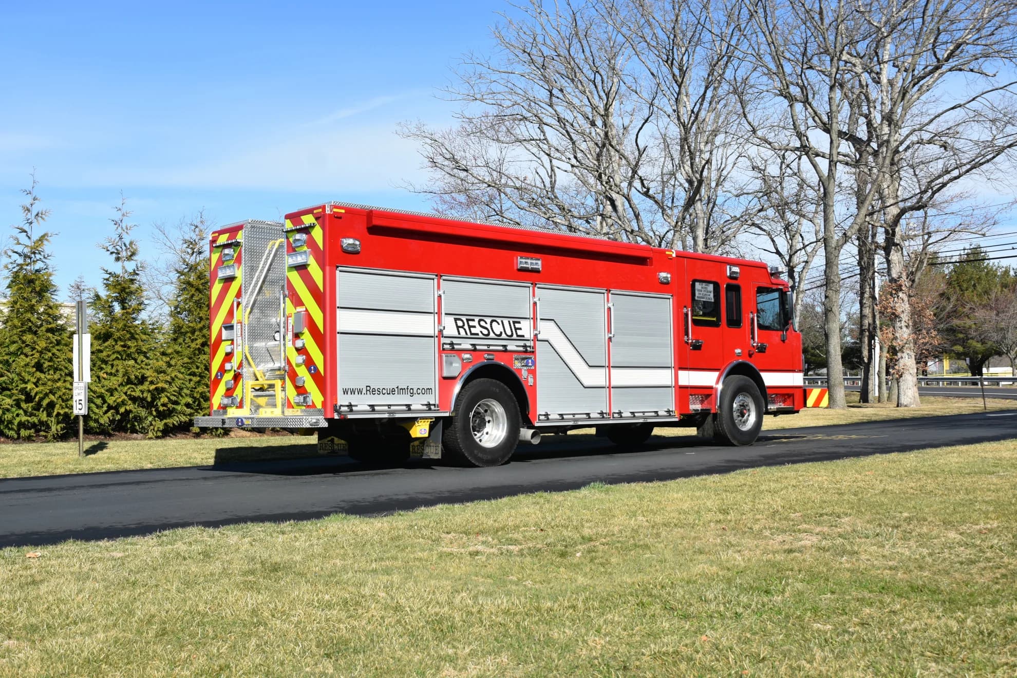Red Rescue 1 emergency rescue truck parked outdoors